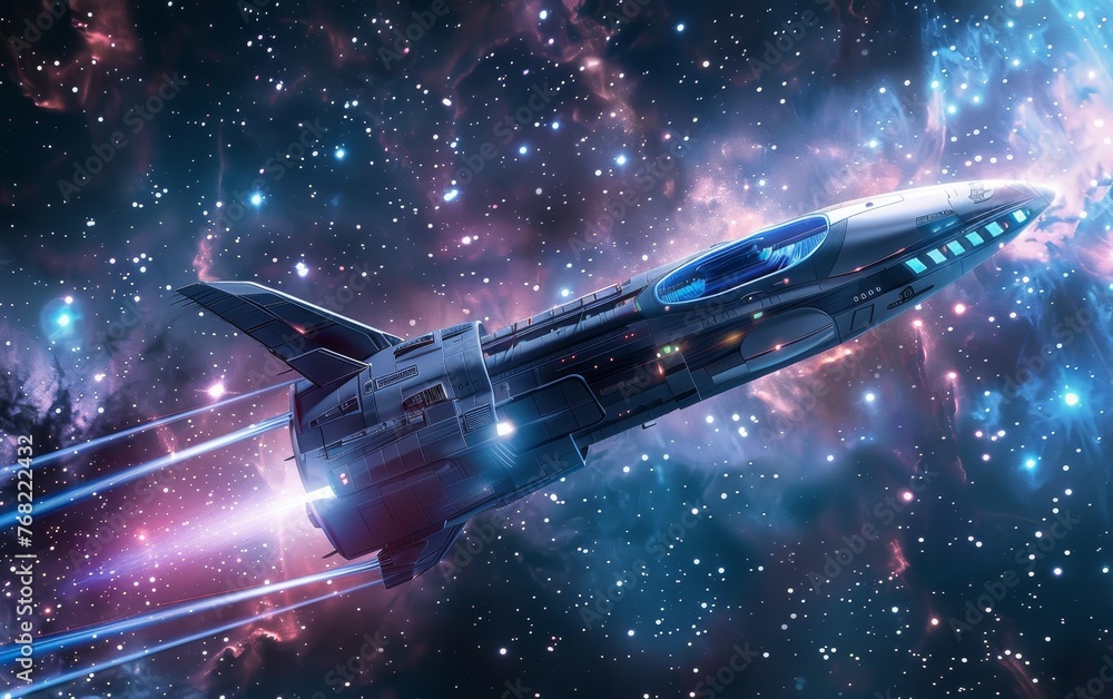 A graphic depiction of a heavily detailed galactic cruiser gliding through a mystical starlit space with trailing light beams. A graphic depiction of a heavily detailed galactic cruiser gliding through a mystical starlit space with trailing light beams.