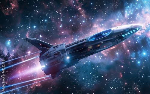 A graphic depiction of a heavily detailed galactic cruiser gliding through a mystical starlit space with trailing light beams.