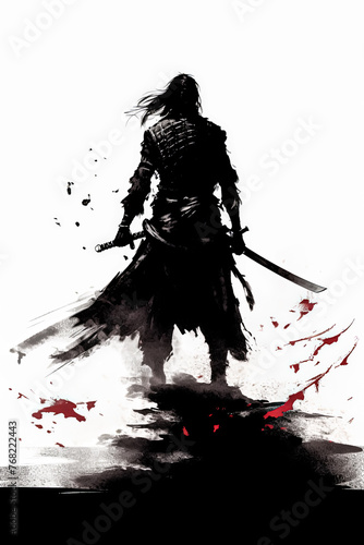 A man in black is holding a sword and standing in front of a red circle.