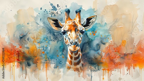 The illustration is a watercolor drawing of a giraffe.