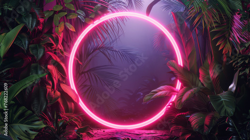 Luminous Tropics  Circular Frame Surrounded by Leaves 