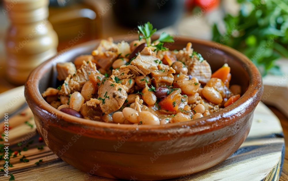 A rustic bowl filled with a hearty bean stew, garnished with fresh herbs on a wooden table. A rustic bowl filled with a hearty bean stew, garnished with fresh herbs on a wooden table.