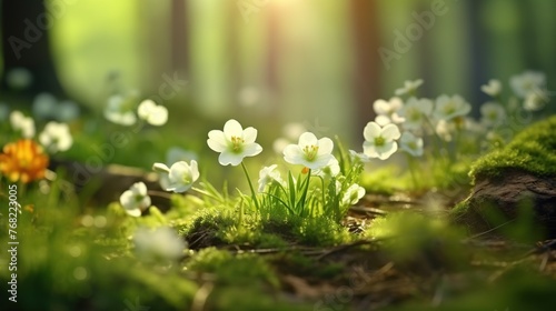Beautiful primroses flowers growing in the forest with sunlight in nature. Spring forest landscape on blur background.
