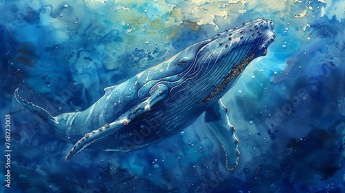 This watercolor illustration depicts a humpback whale under the sea. © Diana