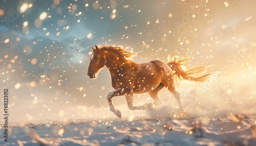 Brown Horse Running Galloping in Falling Snow Against Sunset Winter Landscape