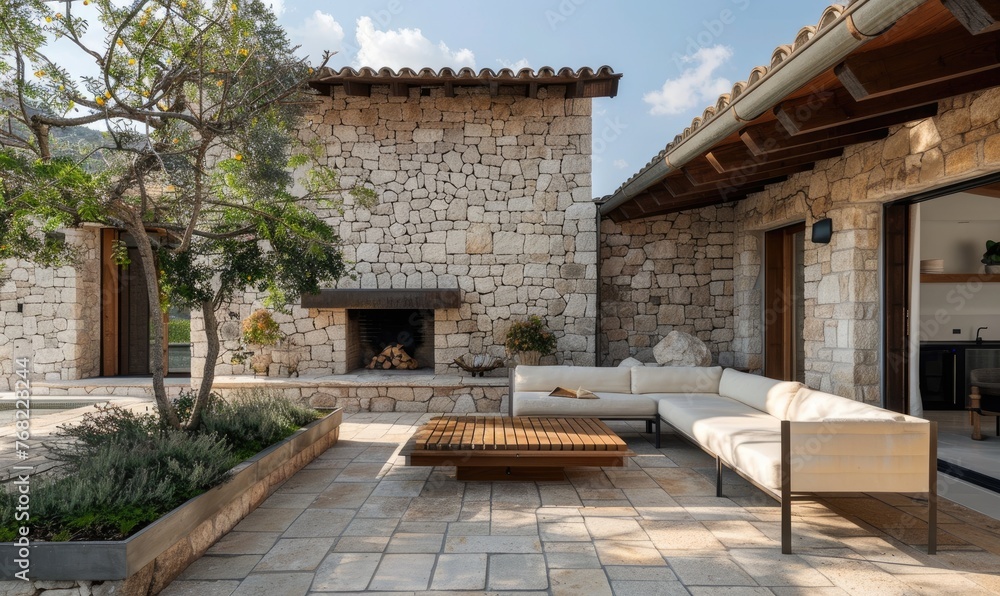 A modern villa patio with fireplace