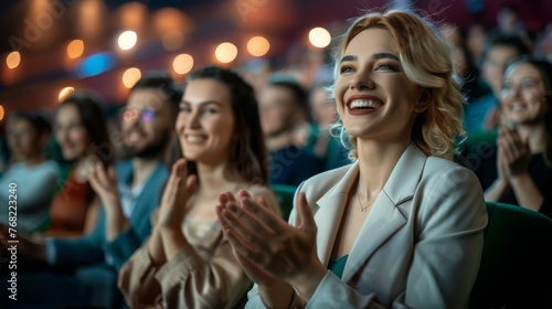 Woman in a audience in a theater applauding clapping hands. cheering and sitting together and having fun