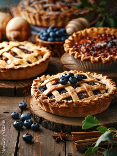 An inviting selection of freshly baked fruit pies with lattice crusts, featuring blueberry and peach fillings, showcased on rustic wooden rounds.