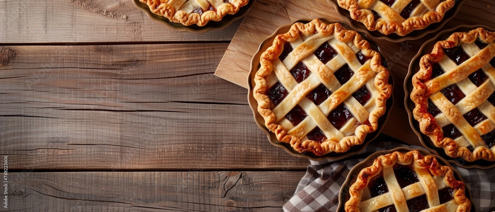 A trio of rustic homemade cherry pies with intricate lattice crusts presented on a wooden board, evoking a sense of homestyle baking.