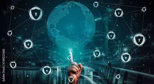 Cyber Security and Digital Data Protection Concept. Icon interface showing secure firewall technology for online data access defense against hacker, virus and insecure information for privacy. uds photo