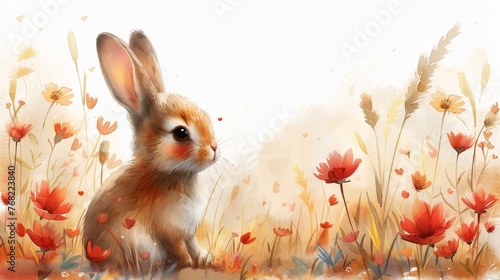 Baby nursery bunny hopping cute illustration with flowers spring Easter invitation template.
