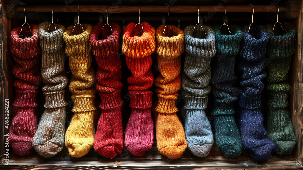 Colorful knitted socks hanging in a row on a market display.