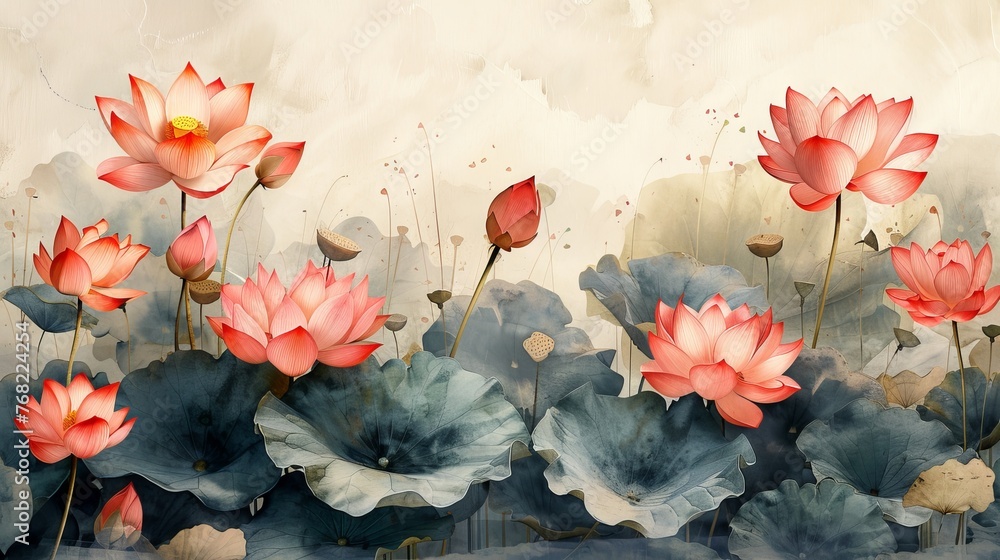 Isolated watercolor illustration of pink lotuses.