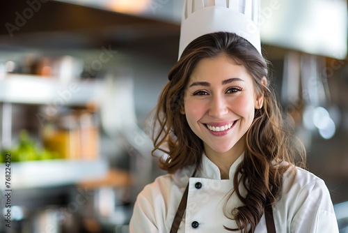 Portrait of happy female chef in white uniform with toque blanche in a commercial kitchen