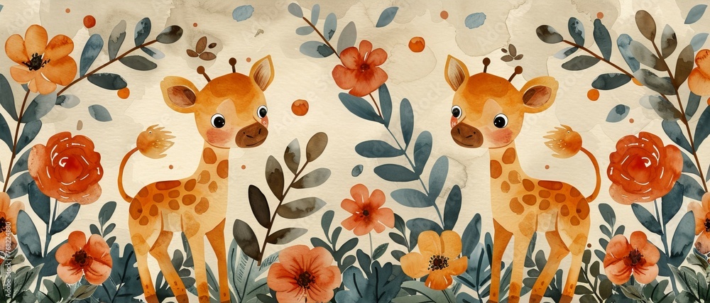 Illustration seamless pattern of safari animals for babies' nursery in watercolor
