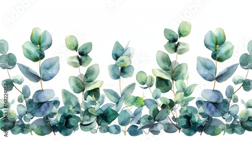 The watercolor hand painted, green floral card with eucalyptus leaves and branches is isolated on a white background and can be used for cards, wedding invitations, posters, save the dates, or photo