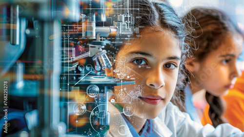 STEM education background of a young student attending a science lesson in a lab
