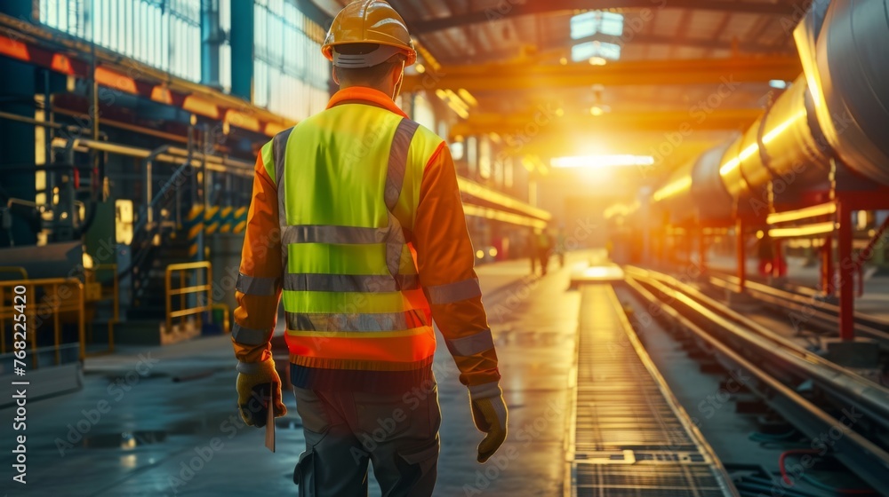 Worker in high-visibility jacket and safety helmet walking in industrial plant with sun flaring through large windows.