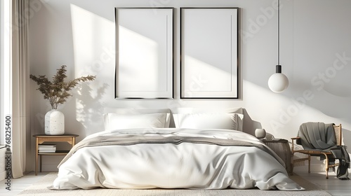 Poster mockup with two vertical frames on empty white wall in bedroom interior with bed, green plaid and plants. 3D rendering ai generated 