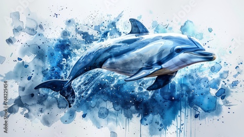 Watercolor illustration of a funny dolphin. Marine nature. Sea animal. Wildlife.