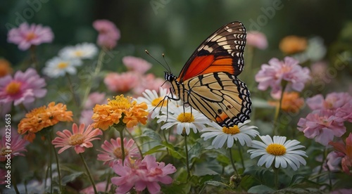 Generate an 8K image depicting a serene scene where a colorful butterfly delicately alights on a bed of blooming flowers. Show the butterfly settled gracefully on a flower petal, its wings spread wide