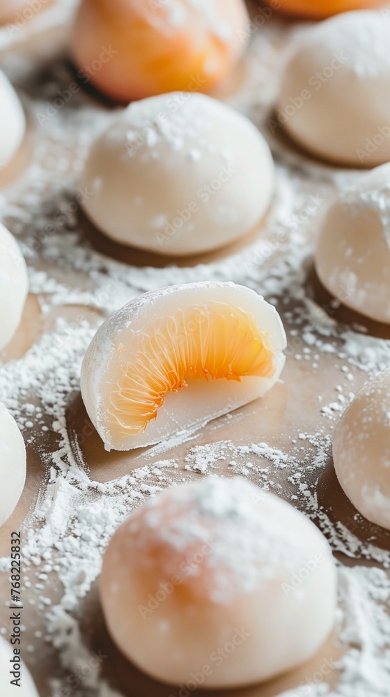 Close-Up photo of mochi dessert with peach. Traditional Japanese sweet rice cakes with sweet fillings.