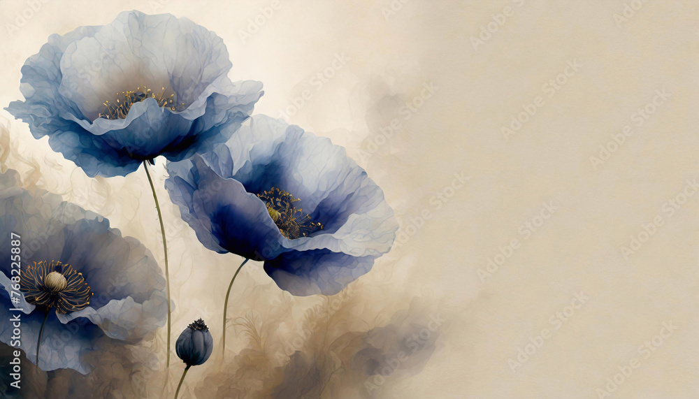 Tapeta w niebieskie kwiaty, granatowy wzór kwiatowy, puste miejsce na tekst, kartka na życzenia - obrazy, fototapety, plakaty 