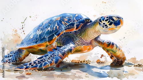 Watercolor illustration of a cute sea turtle. Marine animals. Sea life. Ocean wildlife.