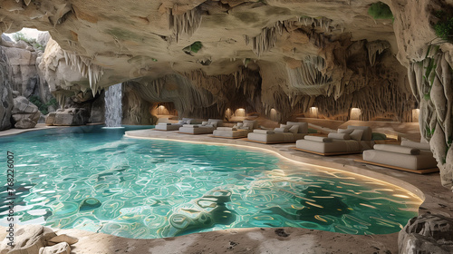 Tranquil underground cave pool with natural rock formations, loungers, and ambient lighting, creating a serene relaxation spot.