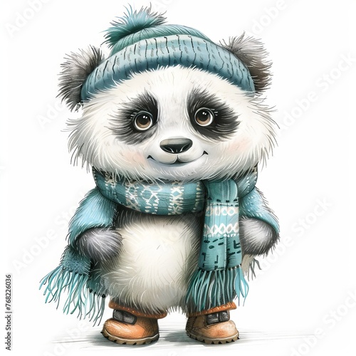 Illustration of a cute funny Panda bear in a scarf in winter isolated on a light background, children's illustration for a postcard
