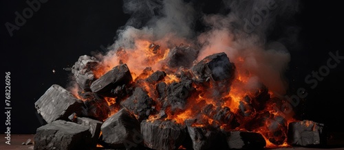 A pile of rocks releasing a large amount of smoke, likely due to a fiery conclusion where a burned out coal briquette met its fate. The smoke rises ominously from the rocks, creating a stark contrast