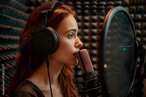 Mastering the Art of Professional Vocal Delivery: A Woman Prepares for Voice Recording in a Soundproof Room. Concept Voice Training, Soundproof Studios, Vocal Techniques, Professional Delivery photo