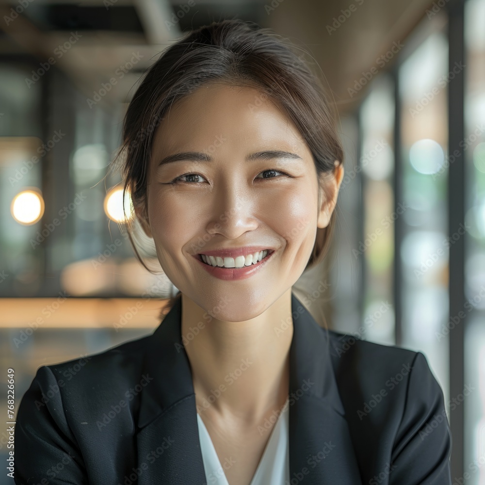 Smiling Asian businesswoman 30-40 years old, active business woman against the background of her office Smiling Asian businesswoman 30-40 years old, active business woman against the background of her office