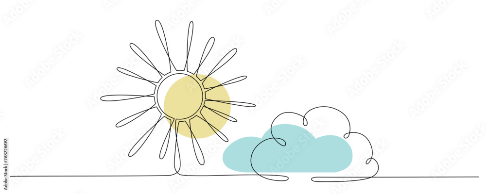 Sun and cloud - hand drawing one single continuous line banner. Vector stock illustration isolated on white background for design template weather forecast, travel blog. Editable stroke. Sun and cloud - hand drawing one single continuous line banner. Vector stock illustration isolated on white background for design template weather forecast, travel blog. Editable stroke.