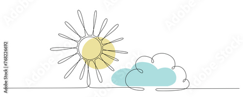 Sun and cloud - hand drawing one single continuous line banner. Vector stock illustration isolated on white background for design template weather forecast, travel blog. Editable stroke. 
