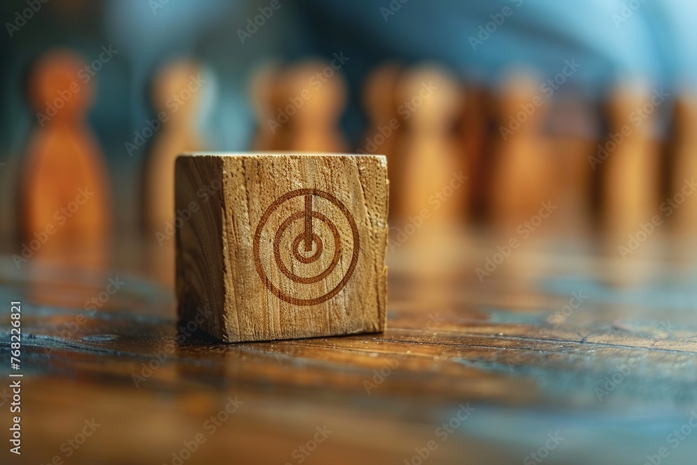 Experience a creative portrayal of customer relationship management through a wooden block adorned with a target icon, linked to human symbols representing a customer focus group Experience a creative portrayal of customer relationship management through a wooden block adorned with a target icon, linked to human symbols representing a customer focus group