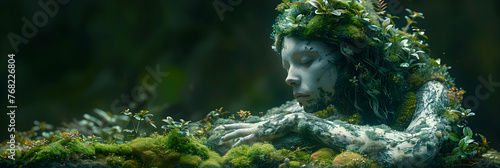  Mossy in Lush Outdoor Garden A Surreal Portrait, The face of a woman is surrounded by green plants
