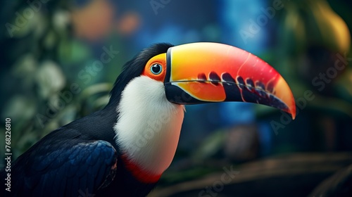 A photo of an up-close view of a colorful toucan © Global Stock