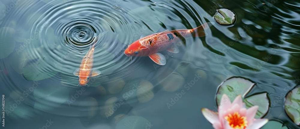 Two Koi Fish Swimming in a Pond With Lily Pads Two Koi Fish Swimming in a Pond With Lily Pads