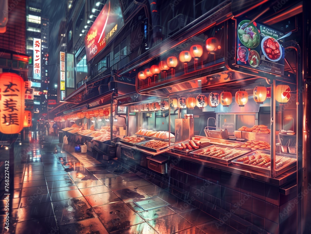 A busy street with a lot of food stands and a lot of people. The street is wet and the lights are on