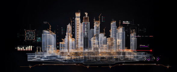modern generic contemporary style tower cityscape city in 3d wireframe architectural cad drawings design model with blueprint datum info, project management elevations details, banner isolated black