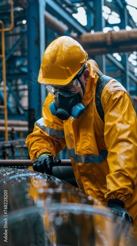 A worker in a yellow protective suit and gas mask checks for a chemical leak at a chemical factory