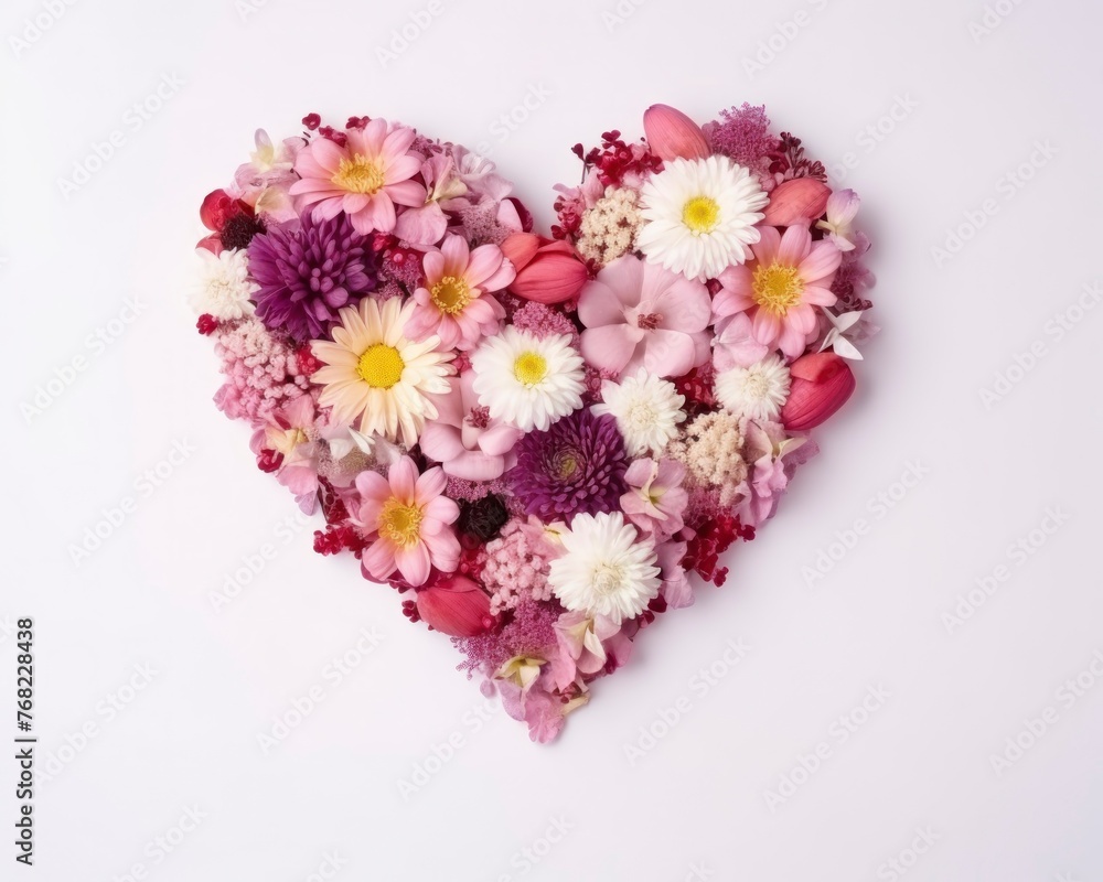 Heart shape made of colorful flowers on white background, top view. Heart shape made of colorful flowers on white background, top view.