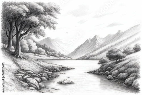 Hand-Drawn Scenic Mountain and River View.