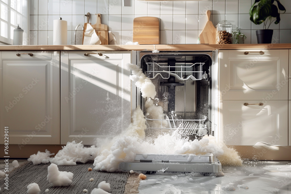 Broken dishwasher with lot of soap foam and water, repair service - obrazy, fototapety, plakaty 