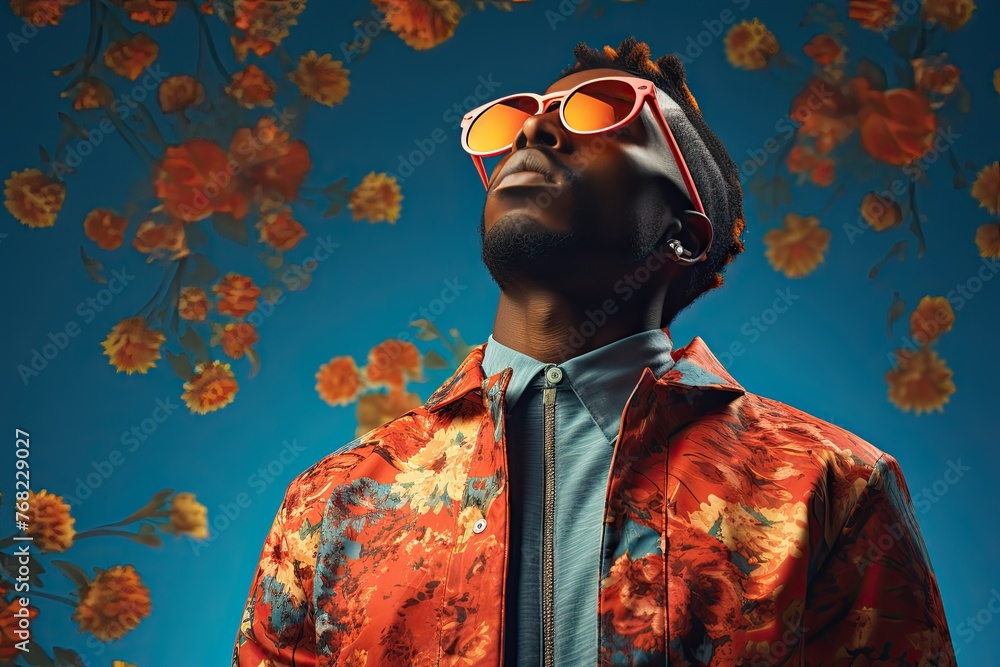 man wearing sunglasses on blue background in floral shirt, in the style of african influencers man wearing sunglasses on blue background in floral shirt, in the style of african influencers
