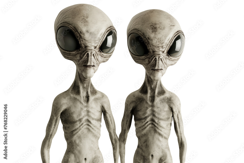 2 Alien life forms, the Greys, isolated on a transparent background, Generative AI