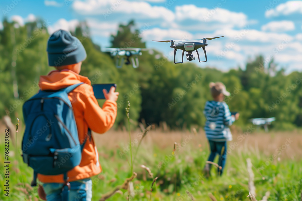 custom made wallpaper toronto digitalPortrait of children with quadcopter drone outdoors, happy boy playing with flying drone with camera controlled by smartphone