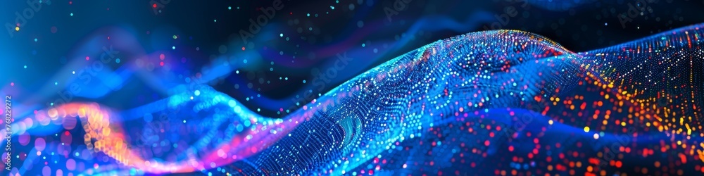 Abstract blue background with interweaving of colored dots and lines, Wave of dots and weave lines. Abstract background. Network connection structure. Abstract blue background with interweaving of colored dots and lines, Wave of dots and weave lines. Abstract background. Network connection structure.