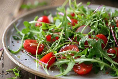 Fresh salad with microgreen, arugula and tomatoes in plate on wooden table